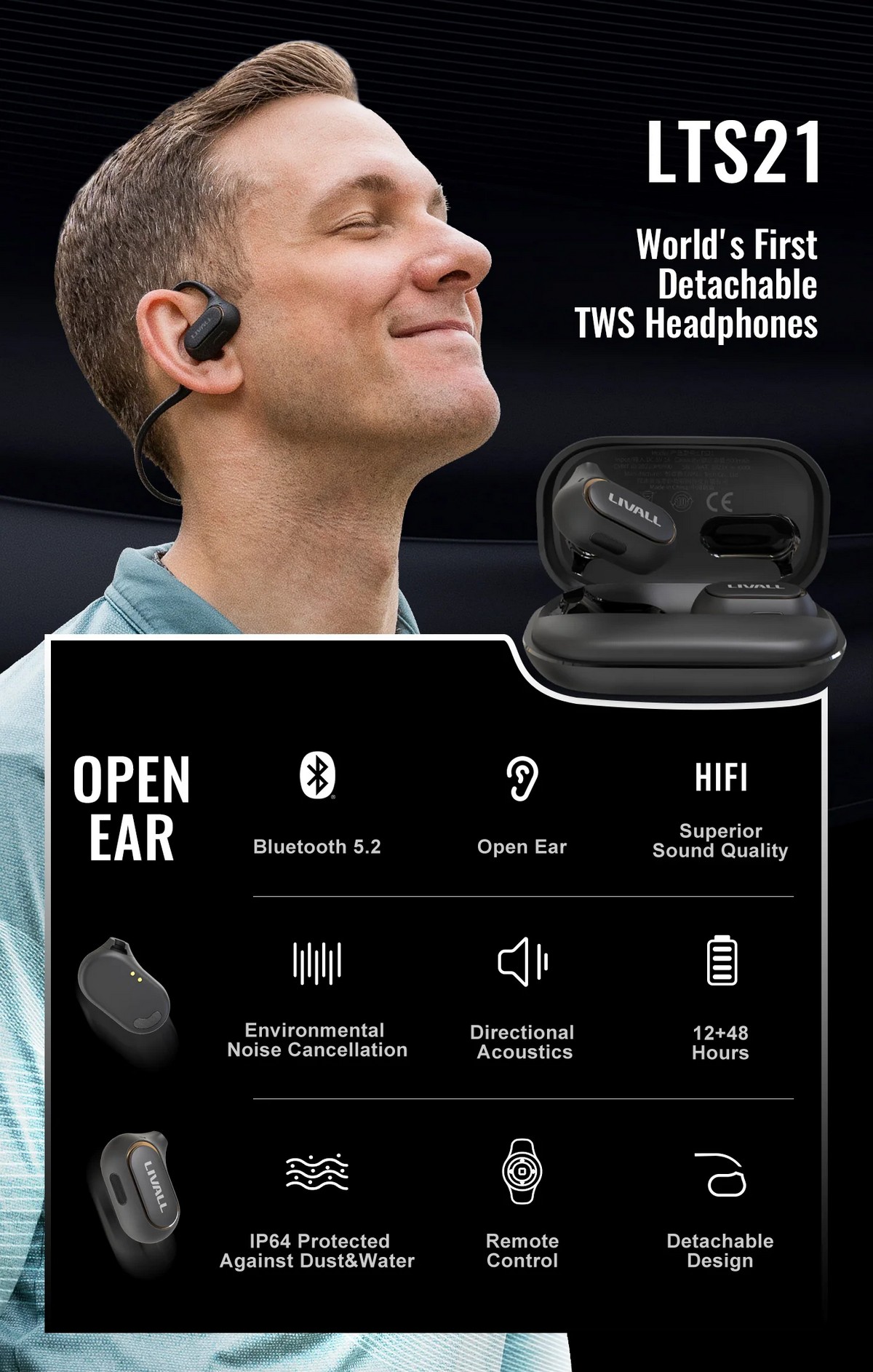 Sportske bežične slušalice sa bluetooth-om - odvojivi dizajn otvorenog uha