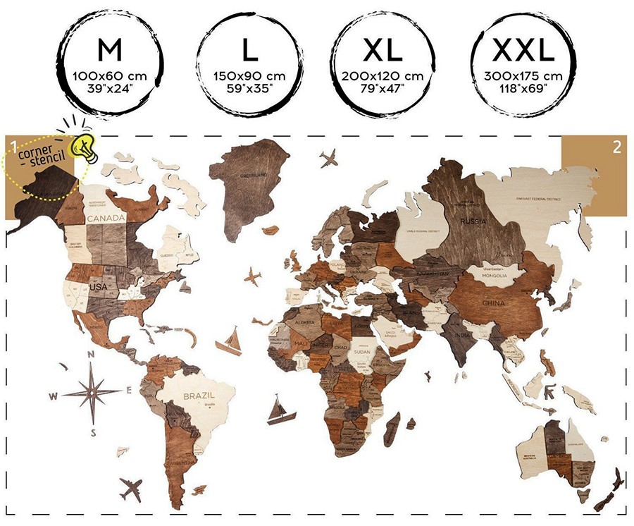 3D drvena slika mape svijeta veličine XXL