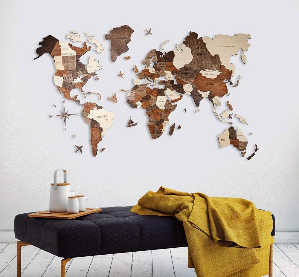 3D drvene karte svijeta na zidu